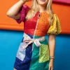 Rainbow Colorblock Star Poof Sleeve Tie Dress