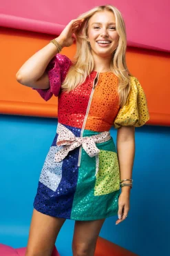Rainbow Colorblock Star Poof Sleeve Tie Dress