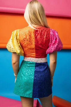 Rainbow Colorblock Star Poof Sleeve Tie Dress