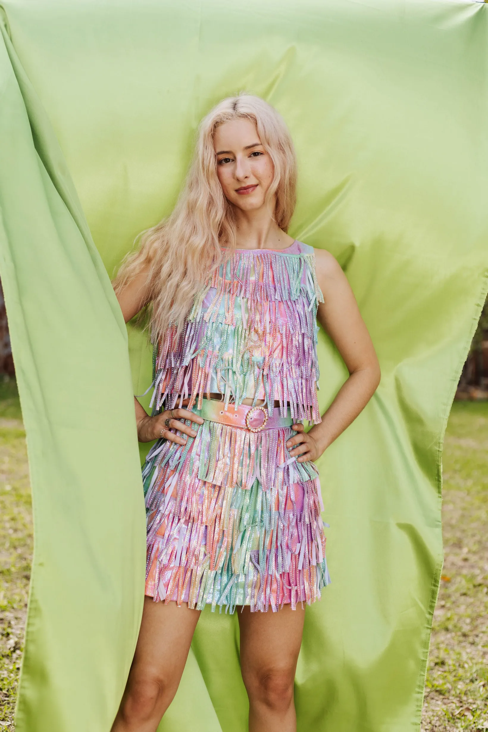 Rainbow Leather Fringe Belt Skirt