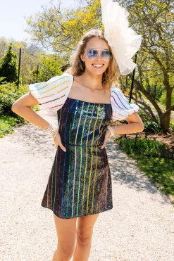 Rainbow Sequin Stripe Dress with White Sleeves