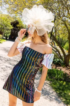 Rainbow Sequin Stripe Dress with White Sleeves