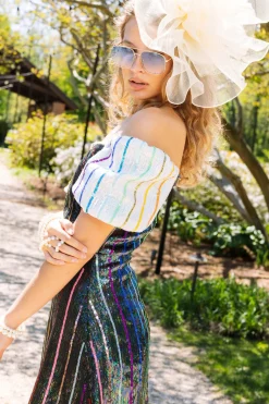 Rainbow Sequin Stripe Dress with White Sleeves