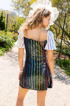 Rainbow Sequin Stripe Dress with White Sleeves