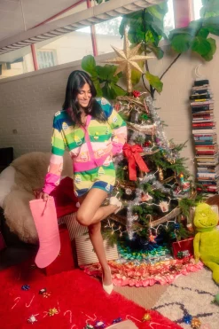 Rainbow Stripe Knit Christmas Tree Skirt