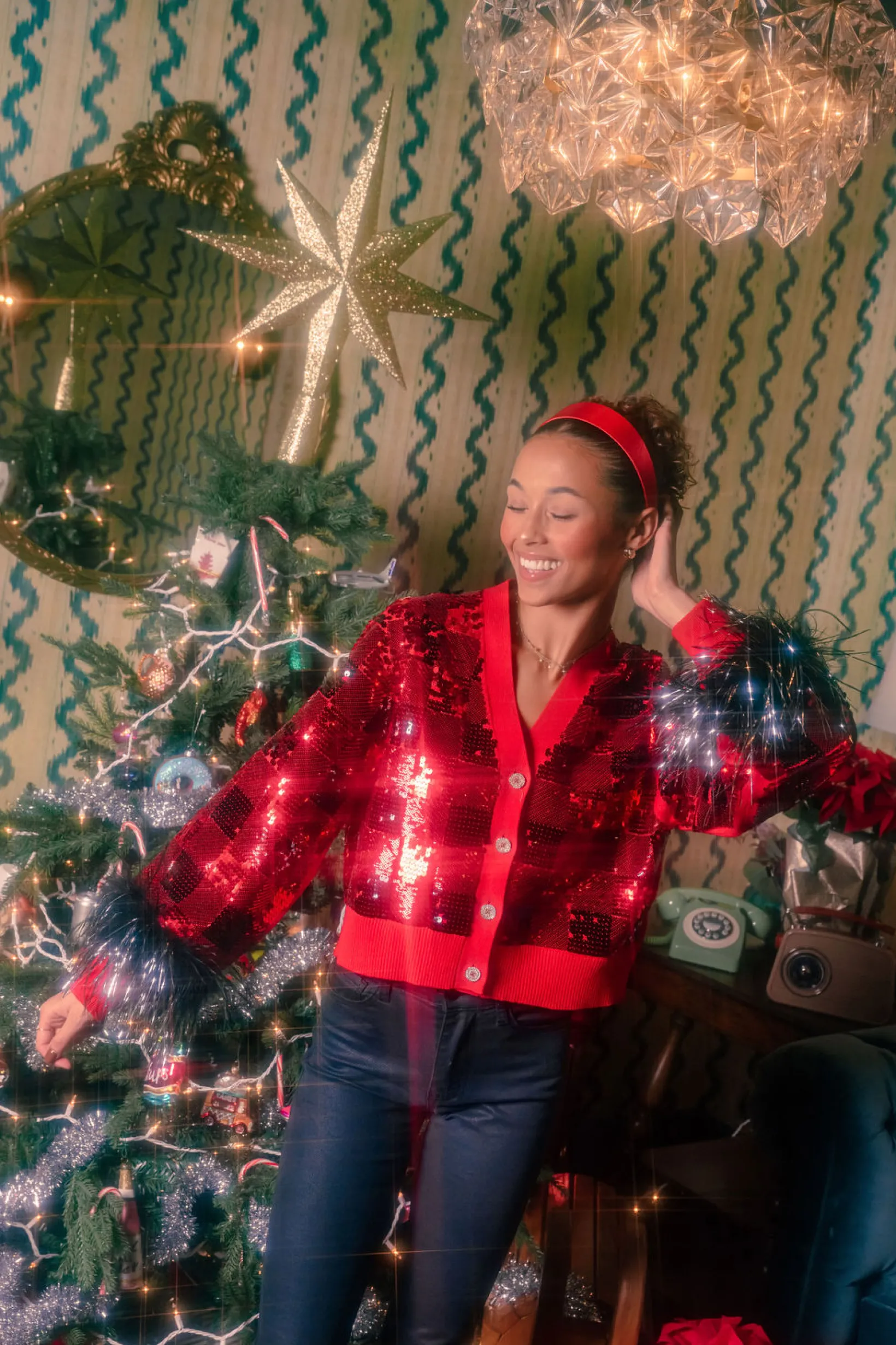 Red & Black Buffalo Plaid Full Sequin With Feather Sleeve Cardigan