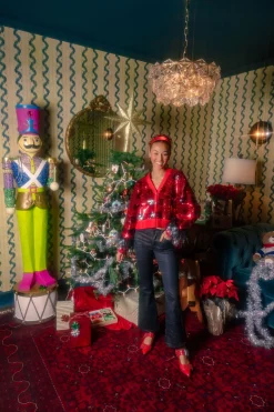 Red & Black Buffalo Plaid Full Sequin With Feather Sleeve Cardigan