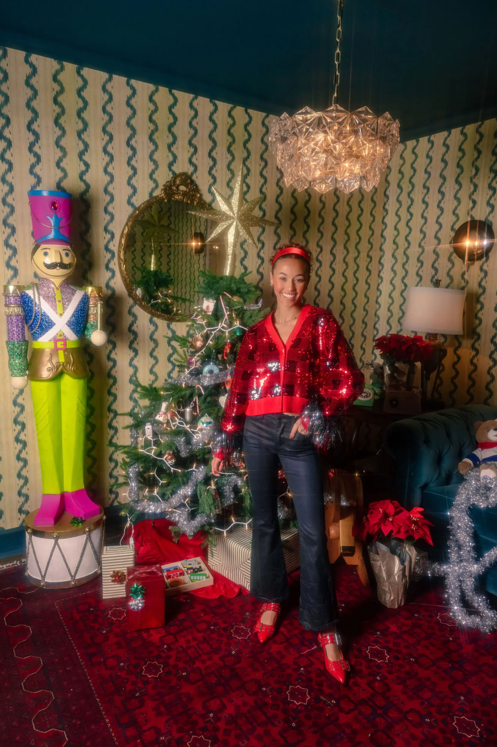 Red & Black Buffalo Plaid Full Sequin With Feather Sleeve Cardigan