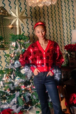 Red & Black Buffalo Plaid Full Sequin With Feather Sleeve Cardigan