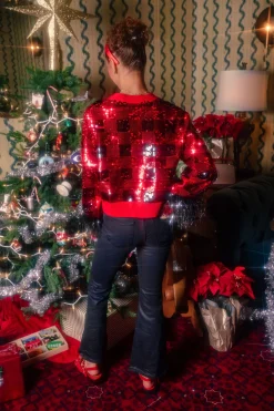 Red & Black Buffalo Plaid Full Sequin With Feather Sleeve Cardigan