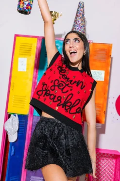 Red & Black Down Set Sparkle Sweater Vest