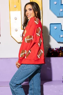 Red & Gold Rhinestone Lace Football Sweatshirt