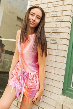 Red & Purple Leather Fringe Tank