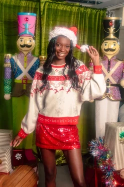 Red & White Vintage Needlepoint Reindeer Sweater