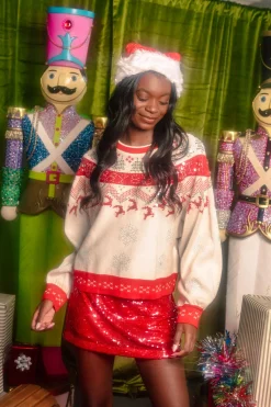 Red & White Vintage Needlepoint Reindeer Sweater