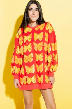 Red & Yellow Butterfly Sweatshirt Dress