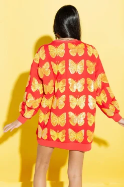 Red & Yellow Butterfly Sweatshirt Dress
