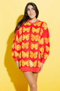 Red & Yellow Butterfly Sweatshirt Dress