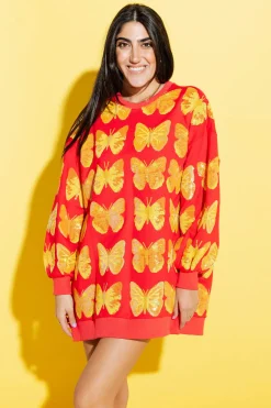 Red & Yellow Butterfly Sweatshirt Dress