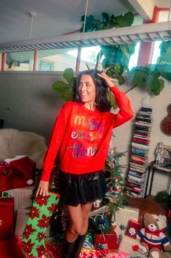Red Merry Everything Glitter Script Sweater