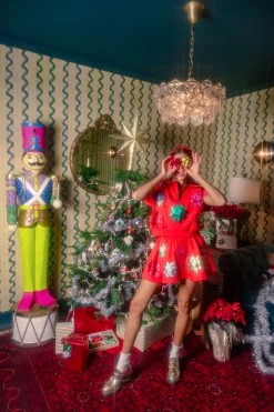 Red Metallic Present Bows Collar Top