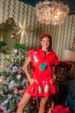 Red Metallic Present Bows Skort