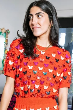 Red Multi Butterfly Pailette Top