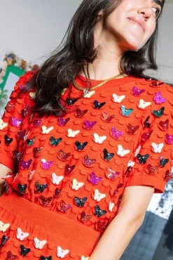 Red Multi Butterfly Pailette Top