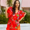 Red Paradise Icon Ruffle Sleeve Dress
