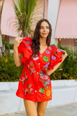 Red Paradise Icon Ruffle Sleeve Dress