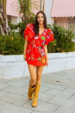 Red Paradise Icon Ruffle Sleeve Dress