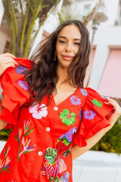 Red Paradise Icon Ruffle Sleeve Dress
