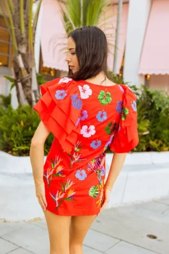 Red Paradise Icon Ruffle Sleeve Dress