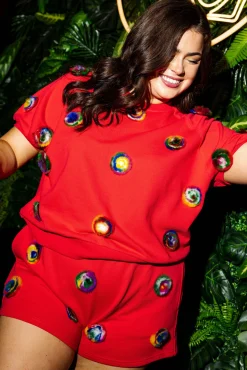 Red Rainbow Pom Pom Top