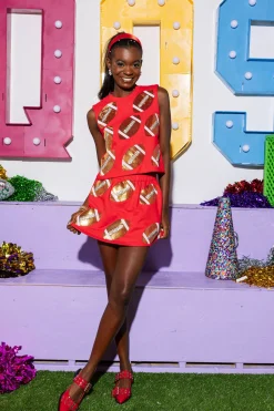 Red Scattered Sequin & Rhinestone Football Skort
