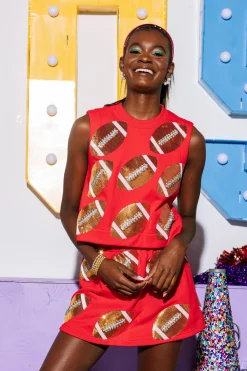 Red Scattered Sequin & Rhinestone Football Skort