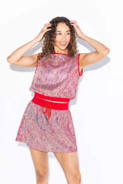 Red Sequin Mesh Coverup Top