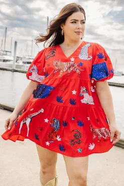 Red, White, and Blue Animal Poof Sleeve Dress