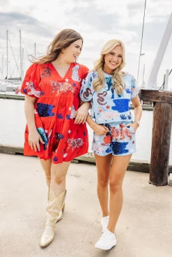 Red, White, and Blue Animal Poof Sleeve Dress