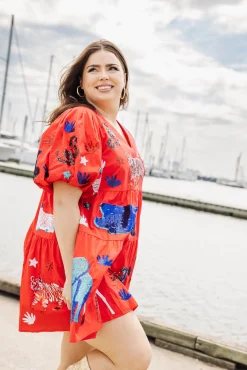 Red, White, and Blue Animal Poof Sleeve Dress