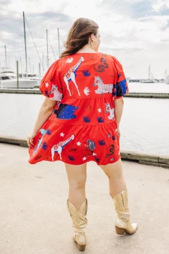 Red, White, and Blue Animal Poof Sleeve Dress