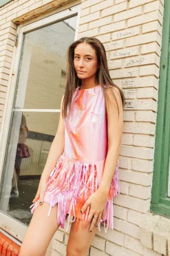 Red/Purple Leather Long Fringe Skirt