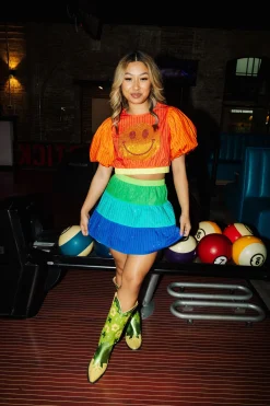 Rhinestone Smiley Puff Sleeve Crop