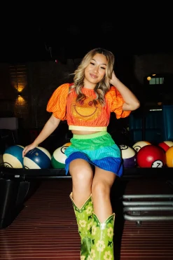 Rhinestone Smiley Puff Sleeve Crop