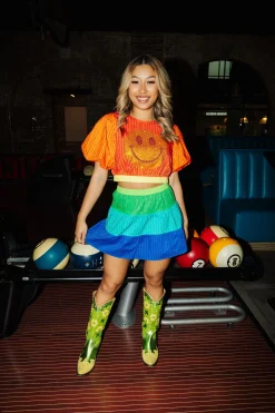 Rhinestone Smiley Puff Sleeve Crop