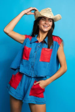 Royal & Red Gauze Top