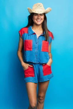 Royal & Red Gauze Top