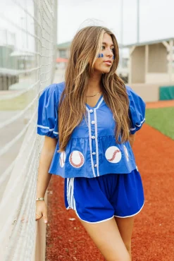 Royal Blue Peplum Baseball Top