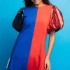 Royal Blue, Red & White Colorblock Sequin Sleeve Dress