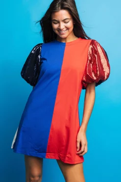 Royal Blue, Red & White Colorblock Sequin Sleeve Dress